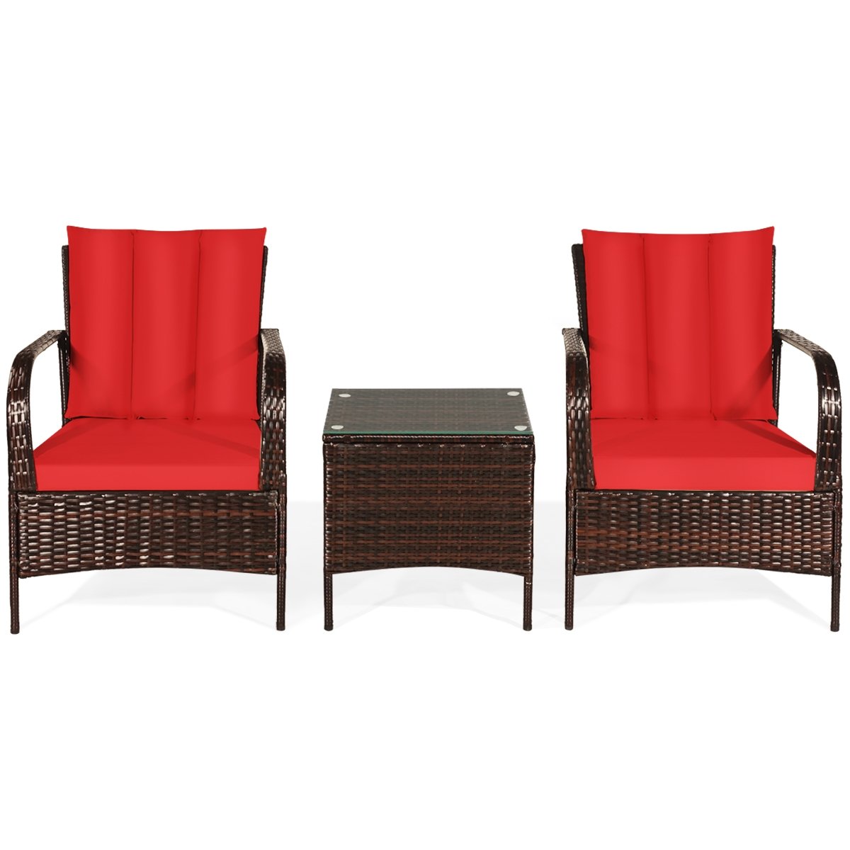 3 Pieces Patio Conversation Rattan Furniture Set with Cushions-Red view 6