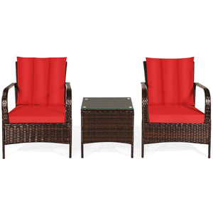 3 Pieces Patio Conversation Rattan Furniture Set with Cushions-Red view 6
