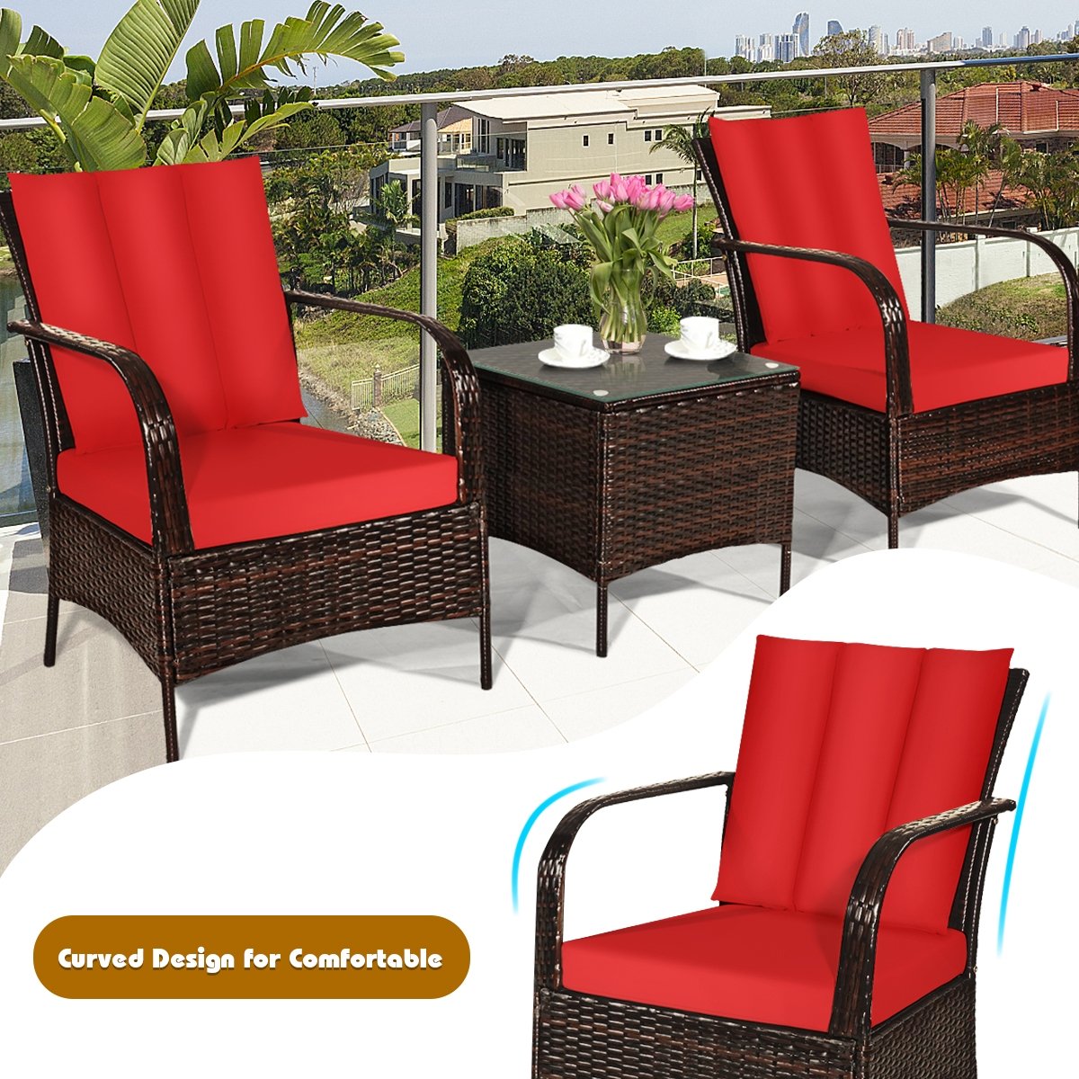 3 Pieces Patio Conversation Rattan Furniture Set with Cushions-Red view 7