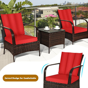 3 Pieces Patio Conversation Rattan Furniture Set with Cushions-Red view 7