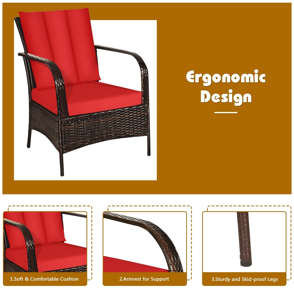 3 Pieces Patio Conversation Rattan Furniture Set with Cushions-Red view 8