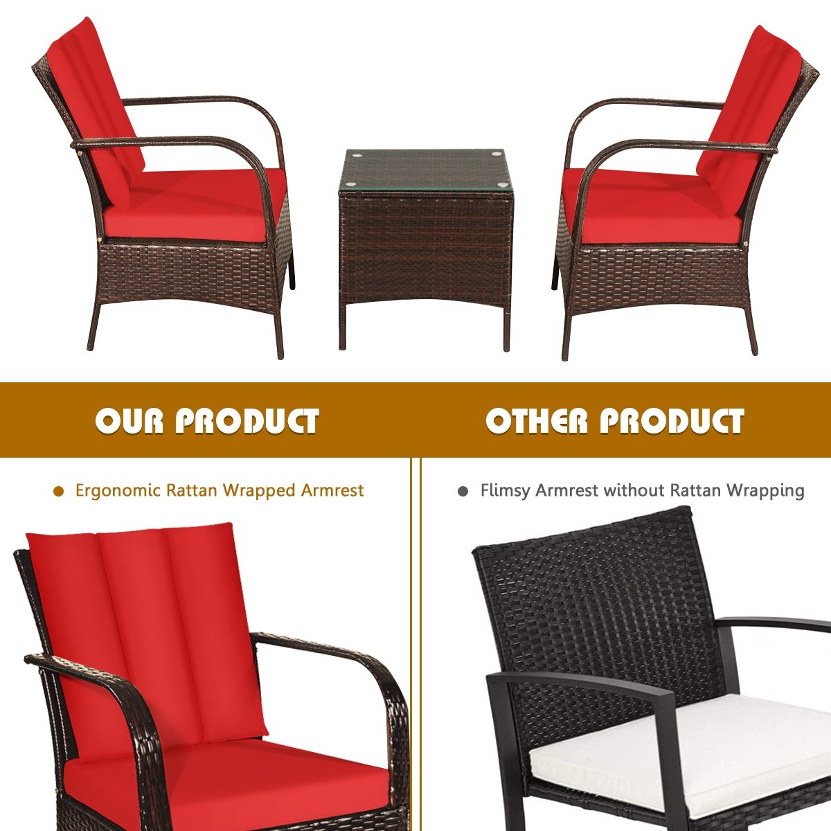 3 Pieces Patio Conversation Rattan Furniture Set with Cushions-Red view 9