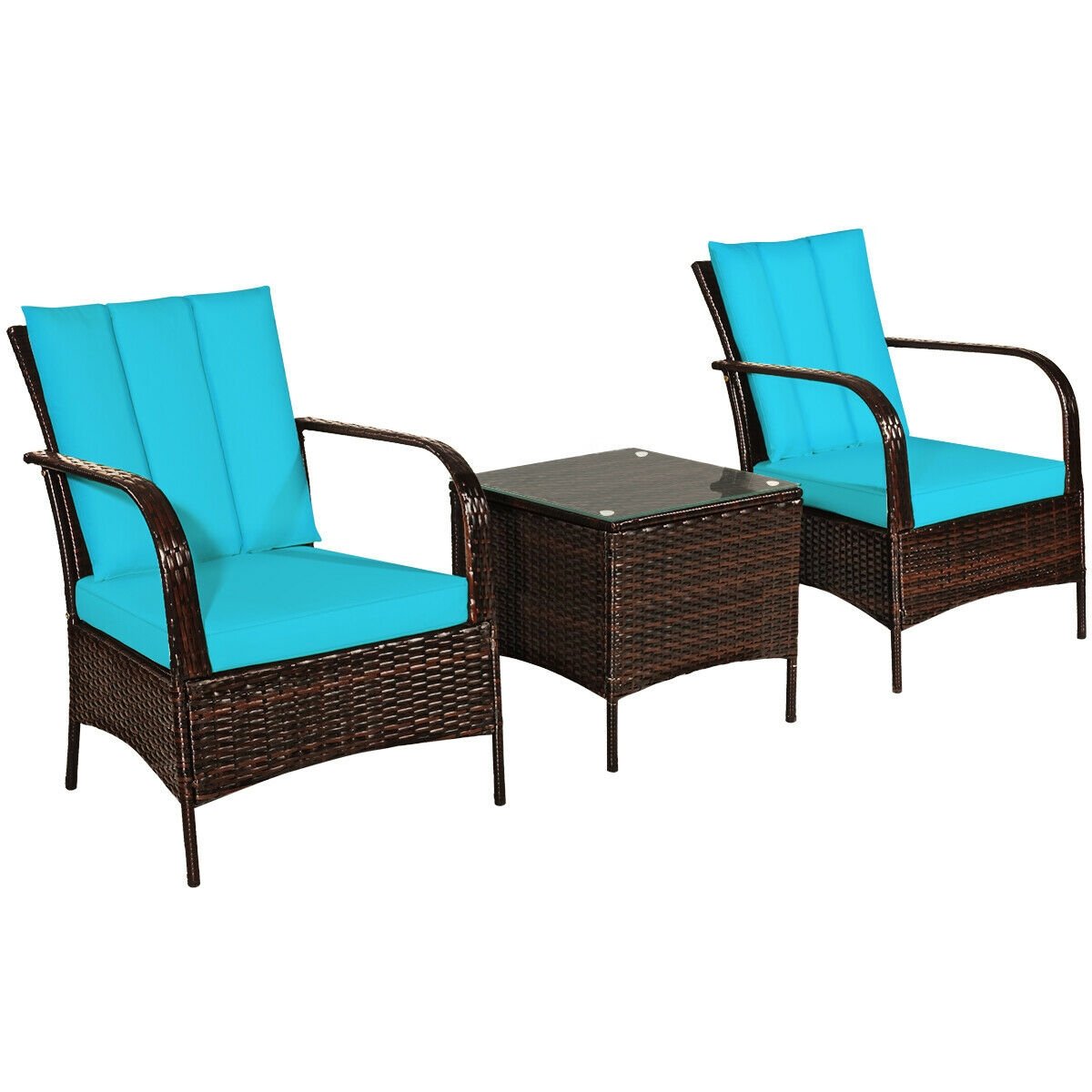 3 Pieces Patio Conversation Rattan Furniture Set with Cushions-Turquoise view 4