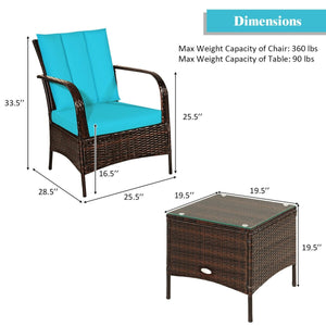 3 Pieces Patio Conversation Rattan Furniture Set with Cushions-Turquoise view 5