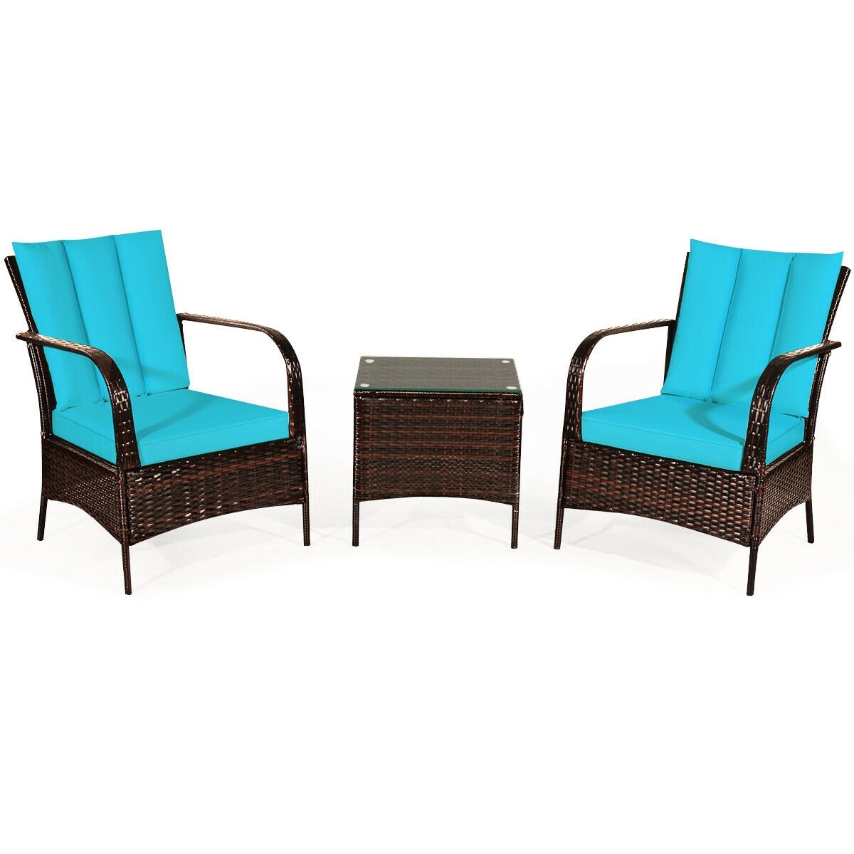 3 Pieces Patio Conversation Rattan Furniture Set with Cushions-Turquoise view 6