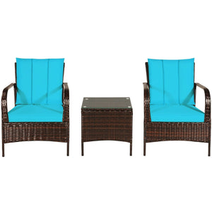 3 Pieces Patio Conversation Rattan Furniture Set with Cushions-Turquoise view 7