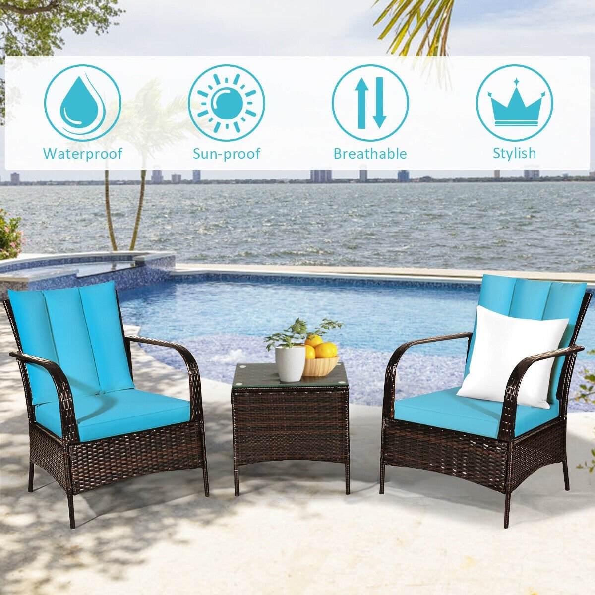 3 Pieces Patio Conversation Rattan Furniture Set with Cushions-Turquoise view 8