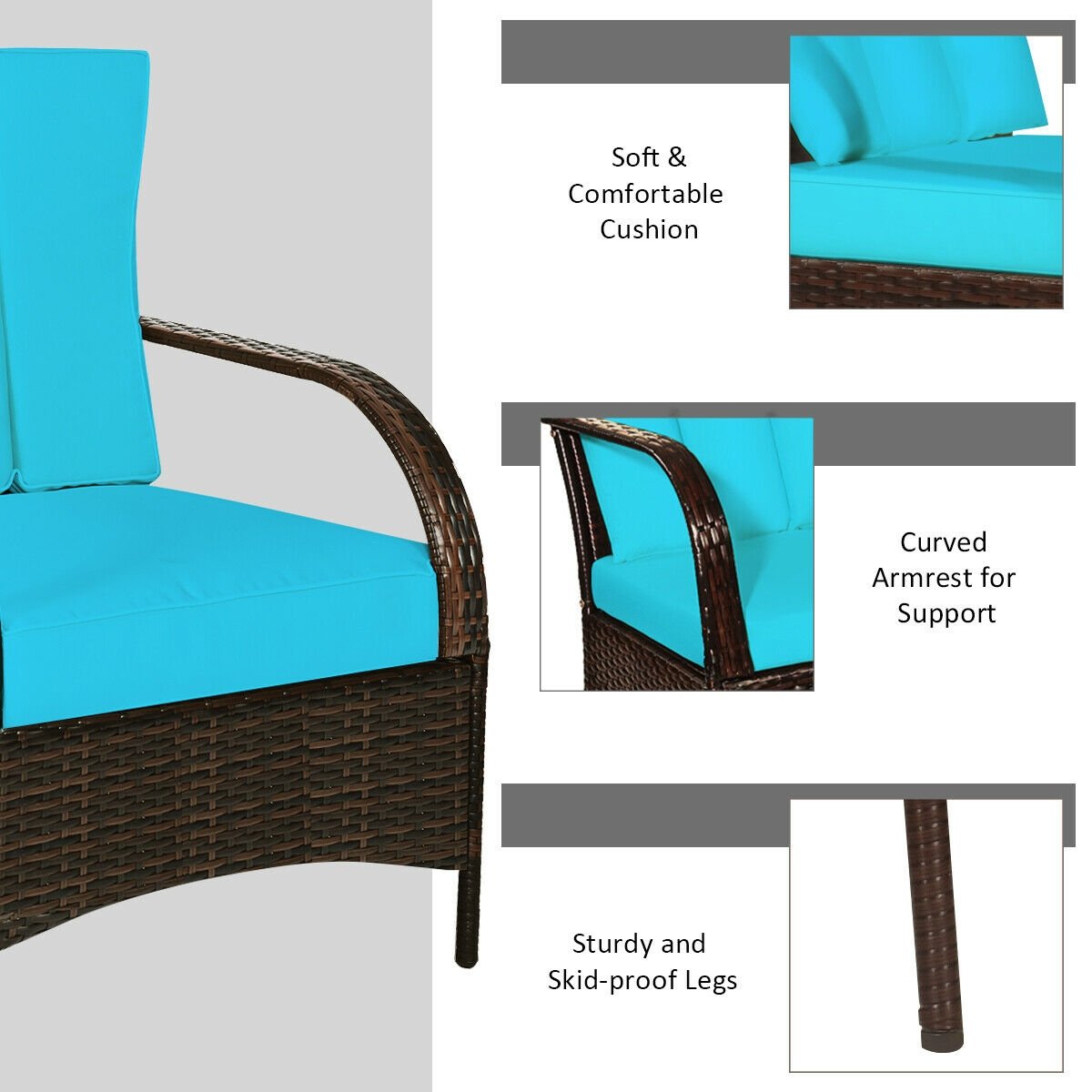 3 Pieces Patio Conversation Rattan Furniture Set with Cushions-Turquoise view 9
