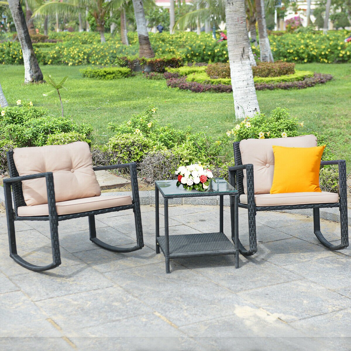 3 Pieces Wicker Rocking Bistro Set with Glass Coffee Table and Storage Shelf-Beige view 2