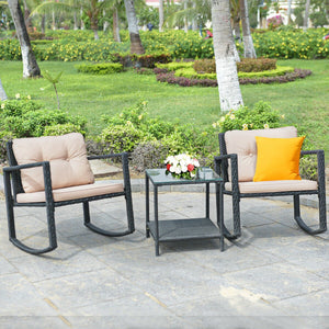 3 Pieces Wicker Rocking Bistro Set with Glass Coffee Table and Storage Shelf-Beige view 2