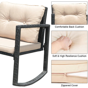 3 Pieces Wicker Rocking Bistro Set with Glass Coffee Table and Storage Shelf-Beige view 3