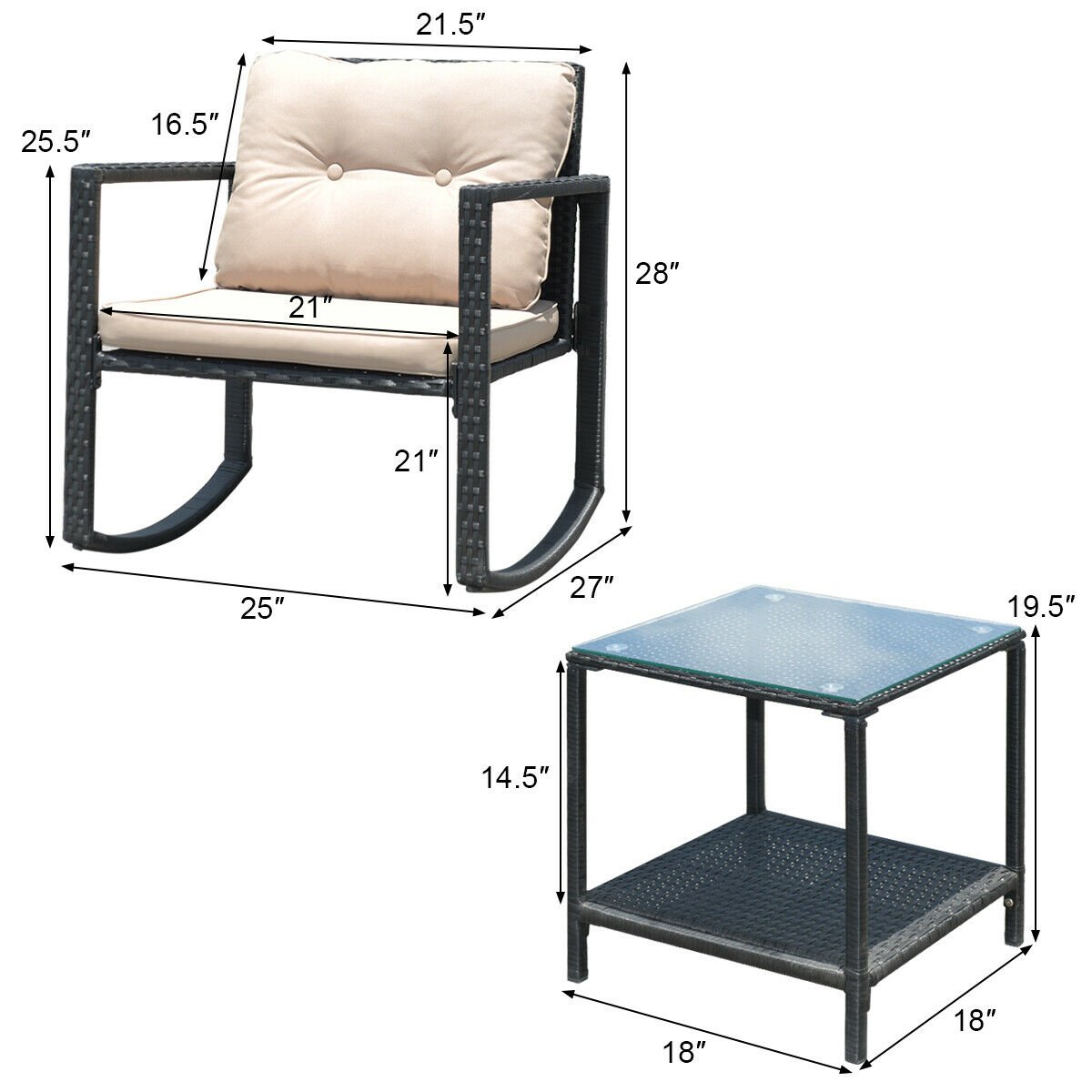 3 Pieces Wicker Rocking Bistro Set with Glass Coffee Table and Storage Shelf-Beige view 4