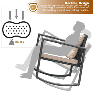 3 Pieces Wicker Rocking Bistro Set with Glass Coffee Table and Storage Shelf-Beige view 5