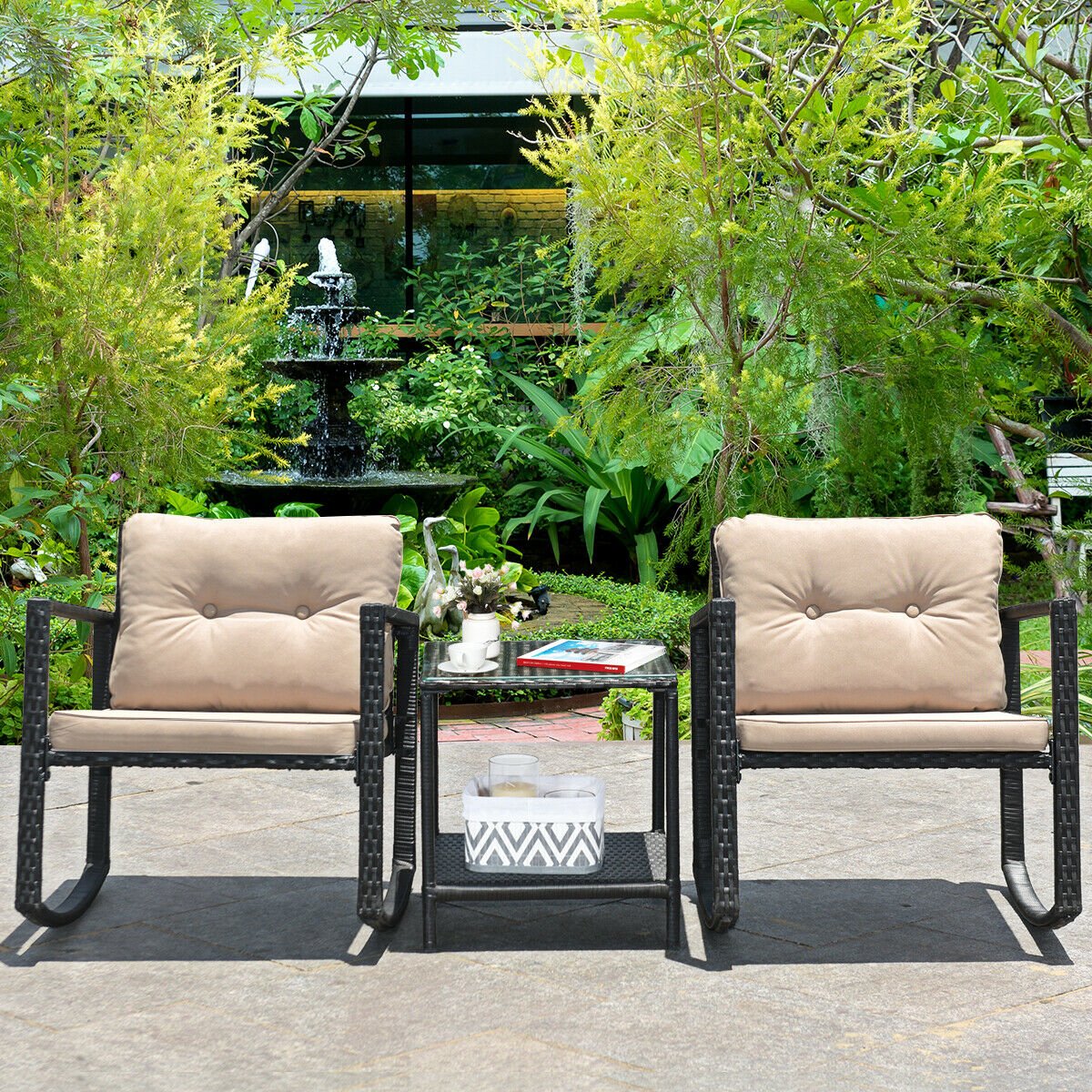 3 Pieces Wicker Rocking Bistro Set with Glass Coffee Table and Storage Shelf-Beige view 6