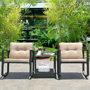 3 Pieces Wicker Rocking Bistro Set with Glass Coffee Table and Storage Shelf-Beige view 6