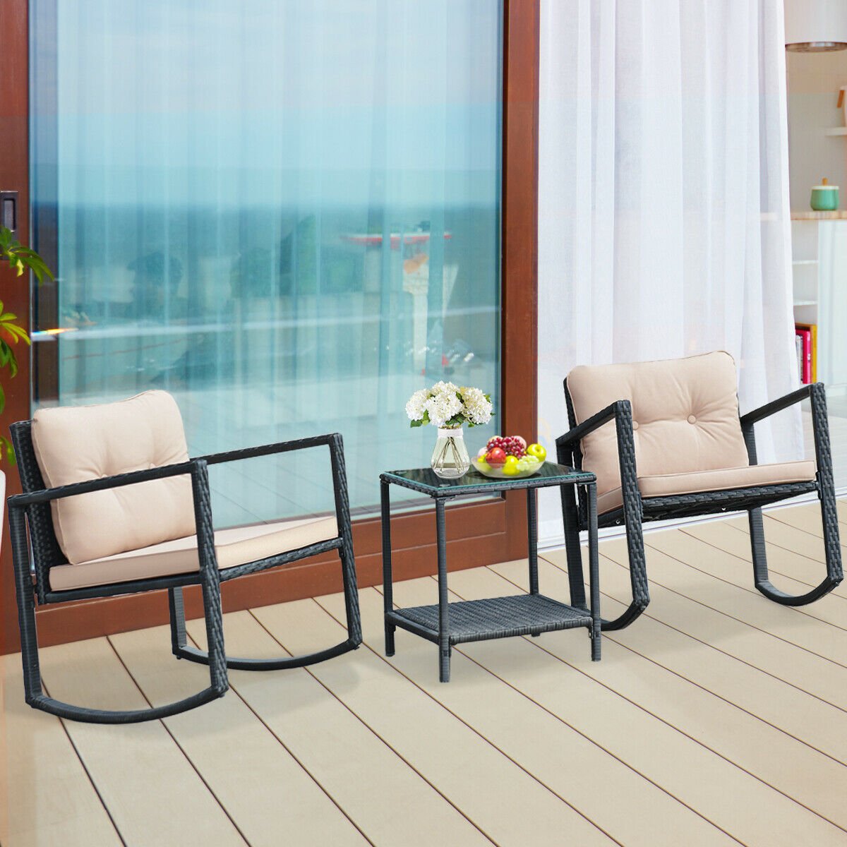 3 Pieces Wicker Rocking Bistro Set with Glass Coffee Table and Storage Shelf-Beige view 7