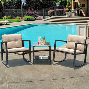 3 Pieces Wicker Rocking Bistro Set with Glass Coffee Table and Storage Shelf-Beige view 8