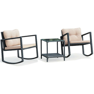 3 Pieces Wicker Rocking Bistro Set with Glass Coffee Table and Storage Shelf-Beige view 9