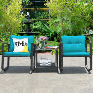 3 Pcs Wicker Rocking Bistro Set with Glass Coffee Table and Storage Shelf-Turquoise view 2