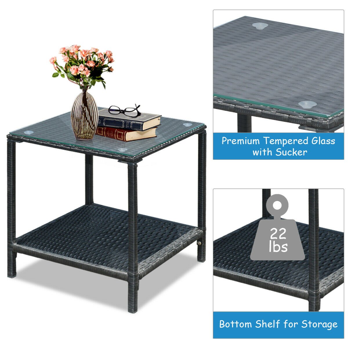 3 Pcs Wicker Rocking Bistro Set with Glass Coffee Table and Storage Shelf-Turquoise view 3