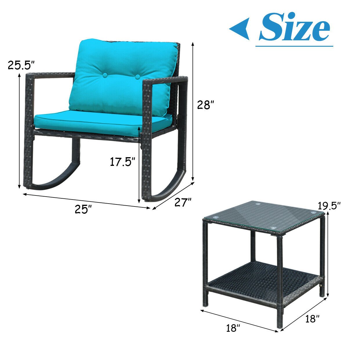 3 Pcs Wicker Rocking Bistro Set with Glass Coffee Table and Storage Shelf-Turquoise view 4