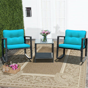 3 Pcs Wicker Rocking Bistro Set with Glass Coffee Table and Storage Shelf-Turquoise view 6