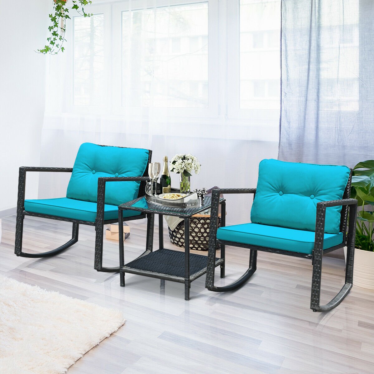 3 Pcs Wicker Rocking Bistro Set with Glass Coffee Table and Storage Shelf-Turquoise view 7