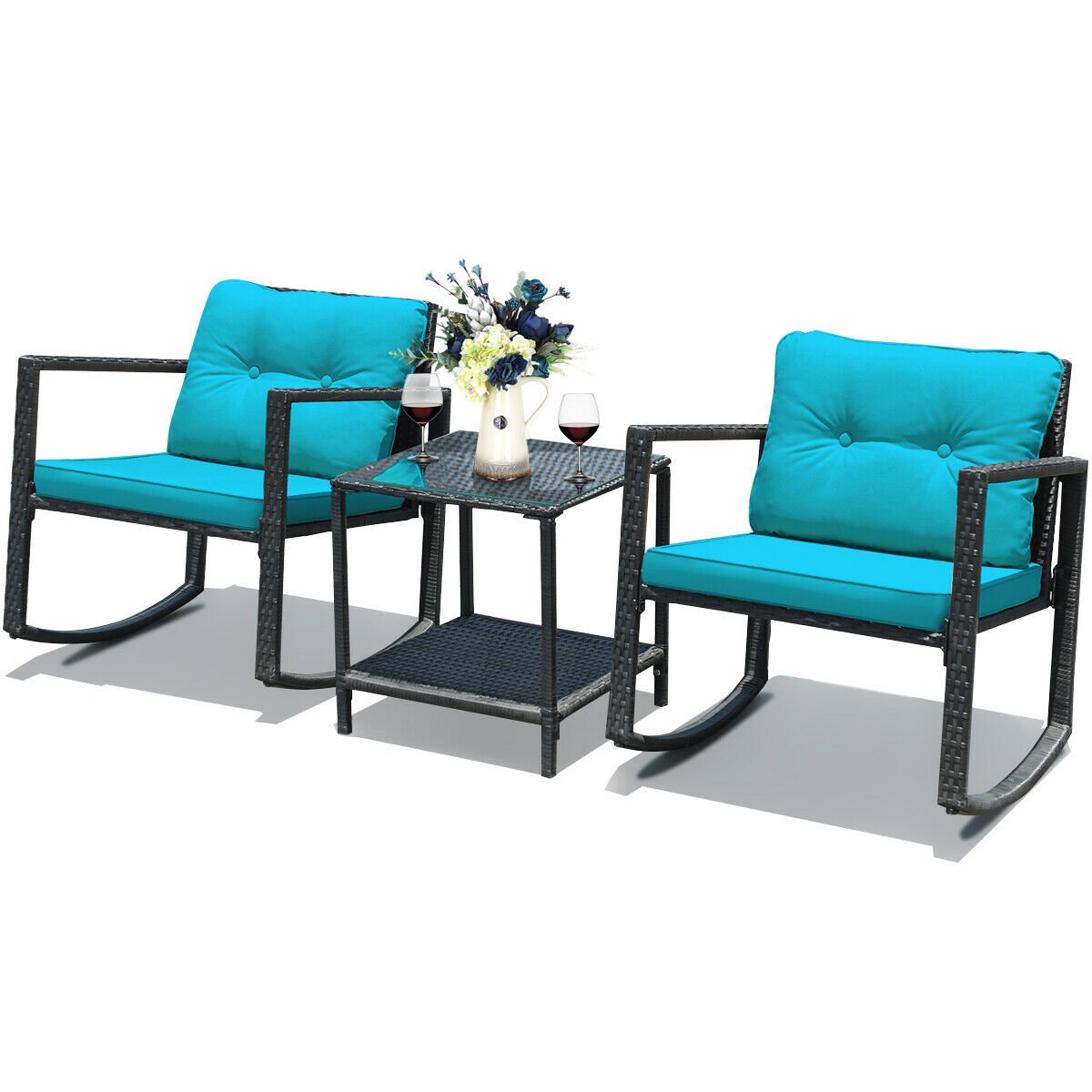3 Pcs Wicker Rocking Bistro Set with Glass Coffee Table and Storage Shelf-Turquoise view 8