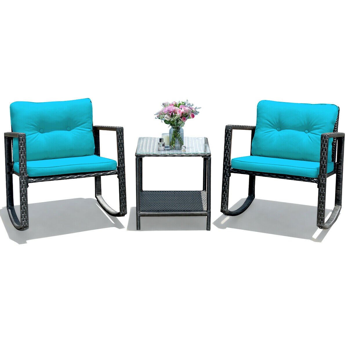 3 Pcs Wicker Rocking Bistro Set with Glass Coffee Table and Storage Shelf-Turquoise view 9