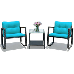 3 Pcs Wicker Rocking Bistro Set with Glass Coffee Table and Storage Shelf-Turquoise view 9