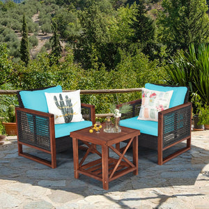 3 Pieces Acacia Wood Patio Furniture Set with Coffee Table-Turquoise view 2