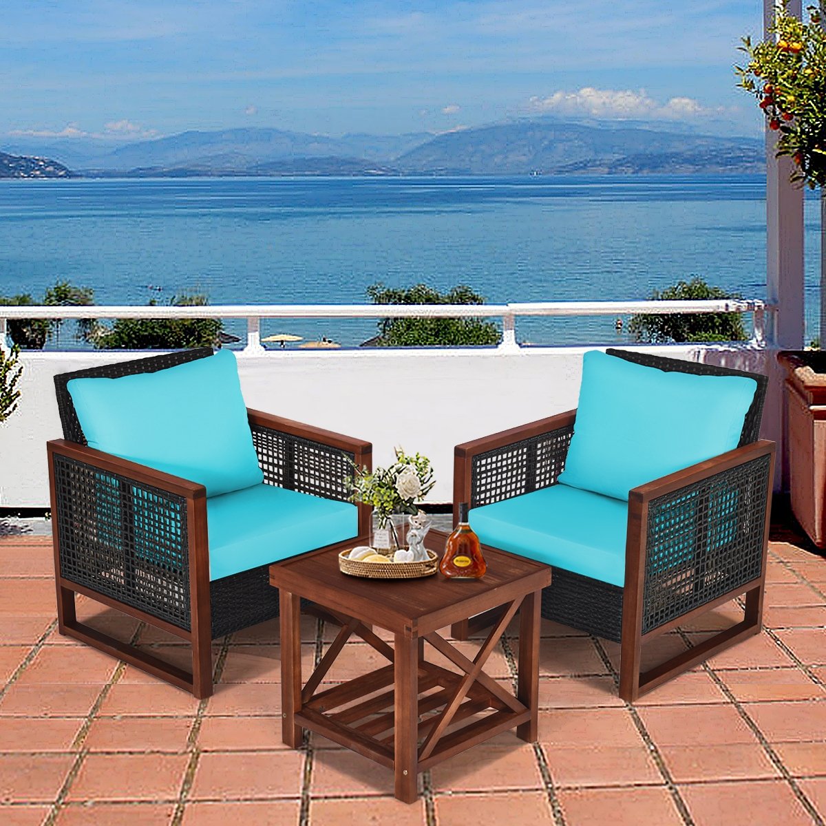 3 Pieces Acacia Wood Patio Furniture Set with Coffee Table-Turquoise view 3