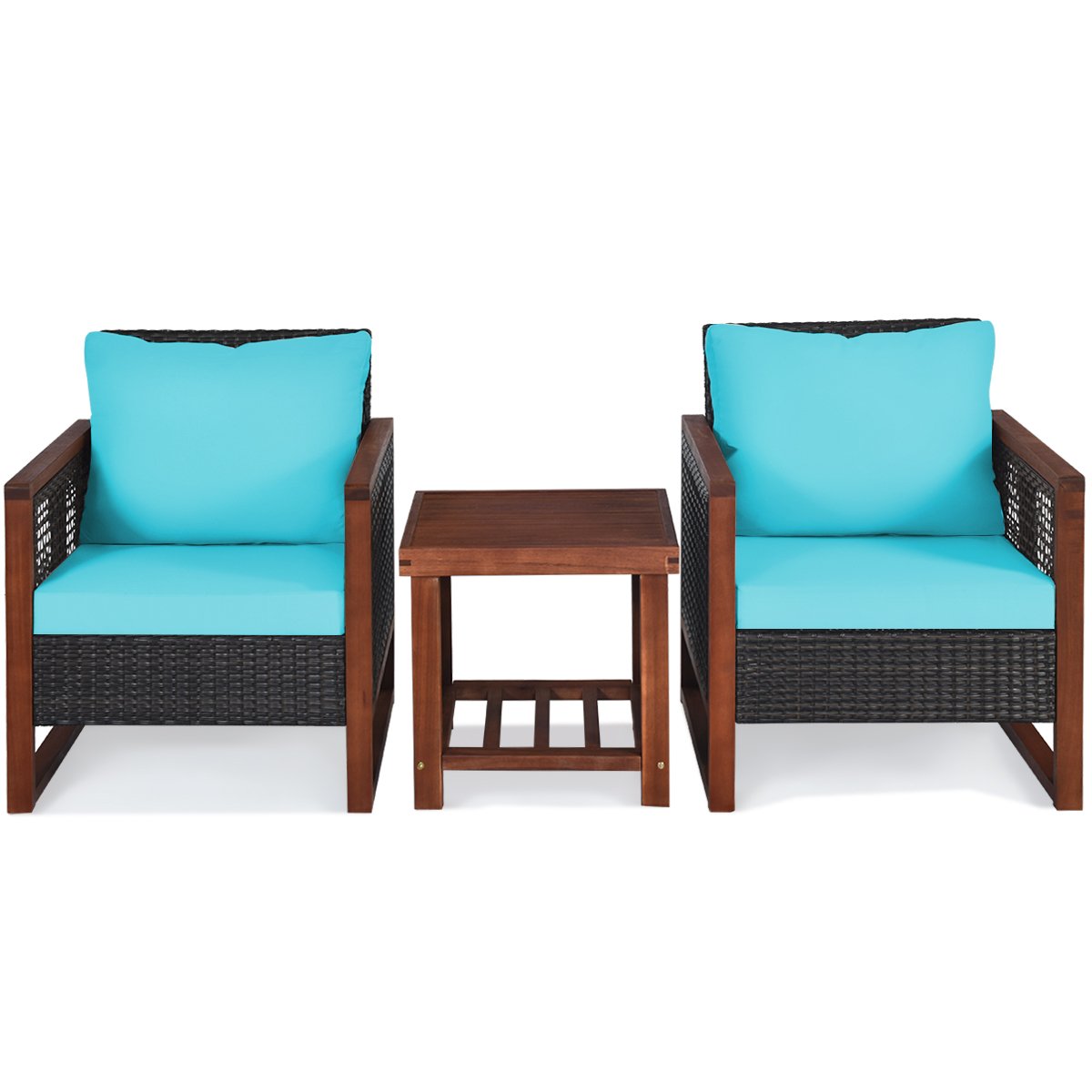 3 Pieces Acacia Wood Patio Furniture Set with Coffee Table-Turquoise view 4