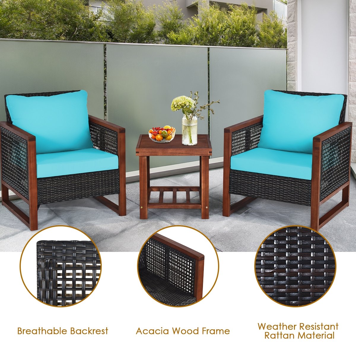 3 Pieces Acacia Wood Patio Furniture Set with Coffee Table-Turquoise view 6