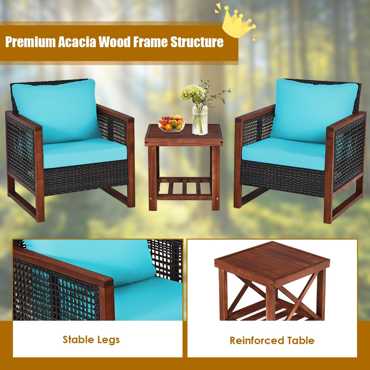 3 Pieces Acacia Wood Patio Furniture Set with Coffee Table-Turquoise view 7