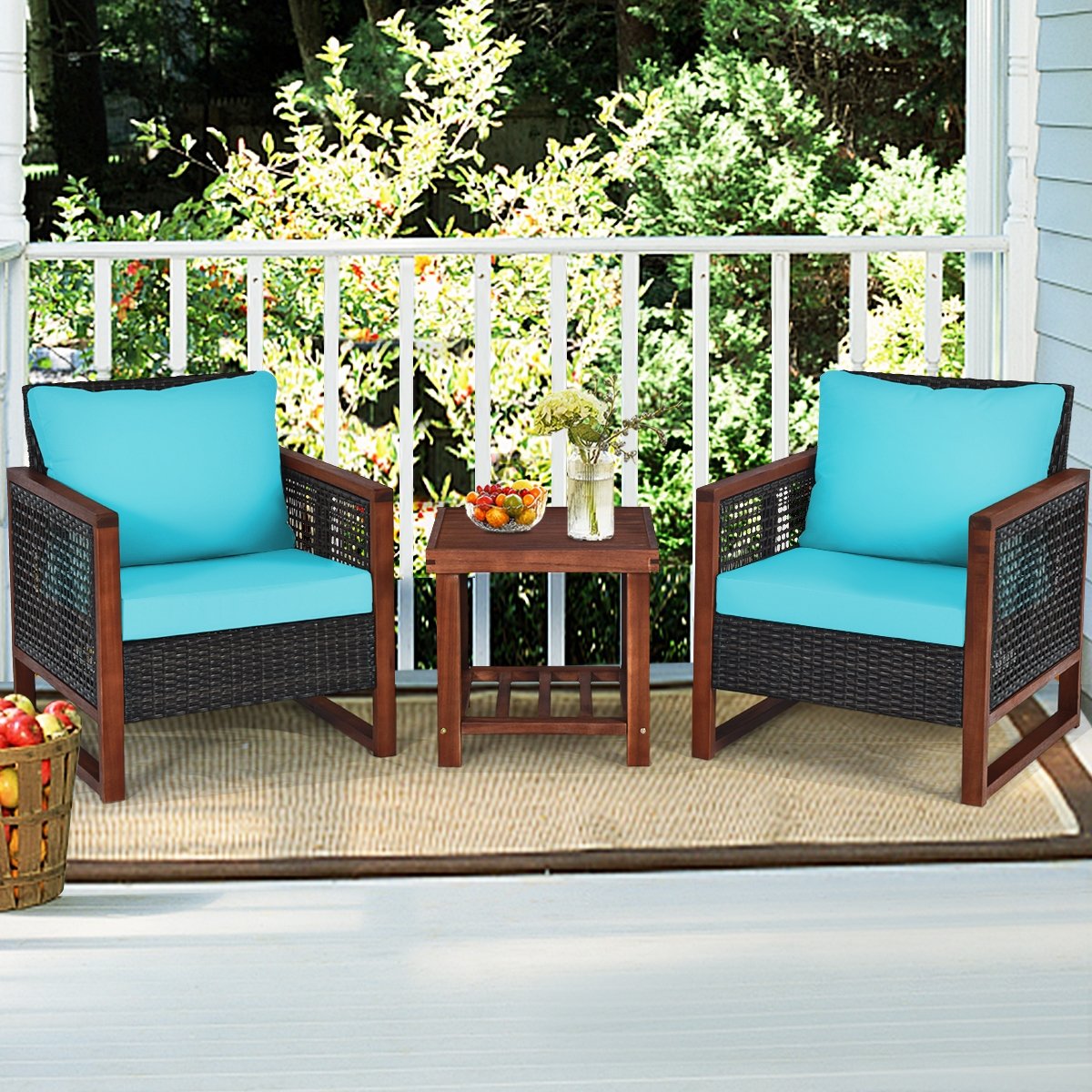 3 Pieces Acacia Wood Patio Furniture Set with Coffee Table-Turquoise view 8