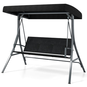 3-Person Porch Swing with Stand Outdoor Canopy Swing with Rattan Seat Back-Black