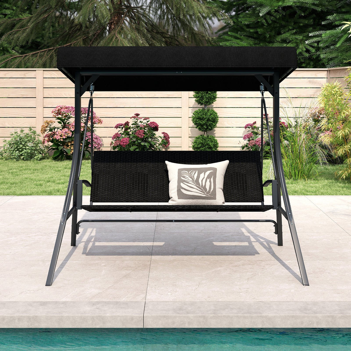 3-Person Porch Swing with Stand Outdoor Canopy Swing with Rattan Seat Back-Black view 2