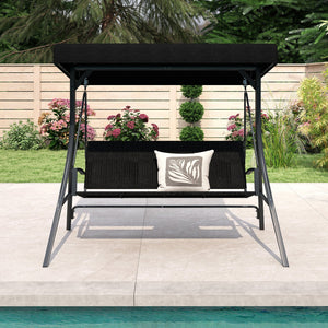 3-Person Porch Swing with Stand Outdoor Canopy Swing with Rattan Seat Back-Black view 2