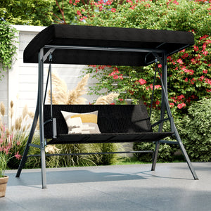 3-Person Porch Swing with Stand Outdoor Canopy Swing with Rattan Seat Back-Black view 3