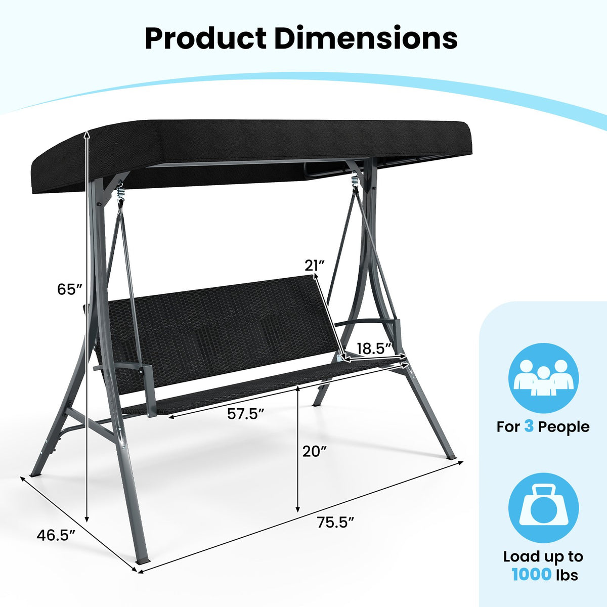 3-Person Porch Swing with Stand Outdoor Canopy Swing with Rattan Seat Back-Black view 4