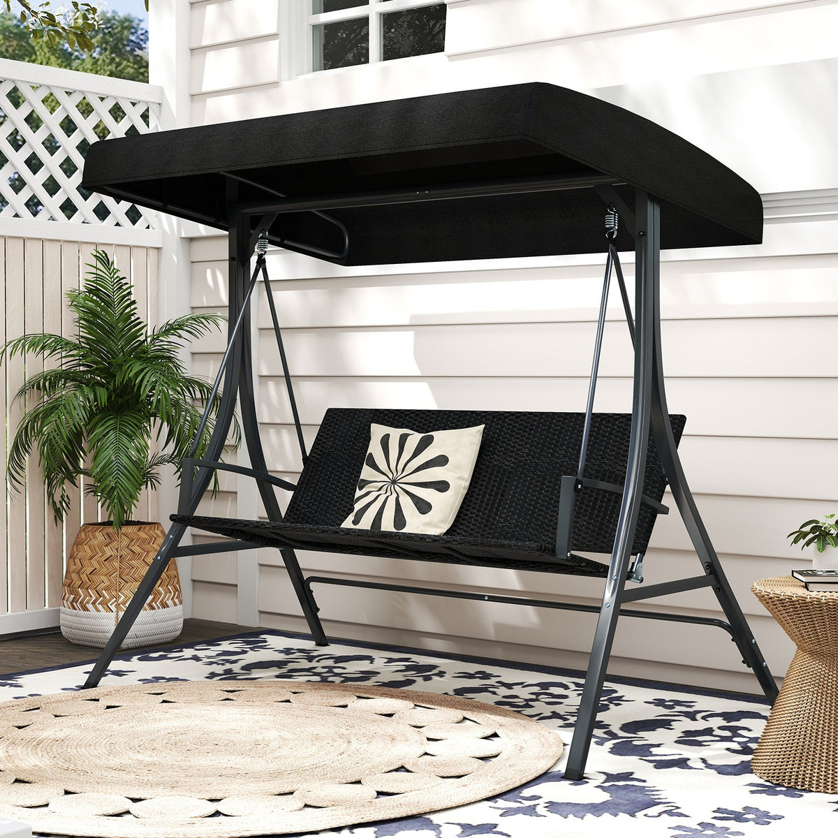3-Person Porch Swing with Stand Outdoor Canopy Swing with Rattan Seat Back-Black view 5