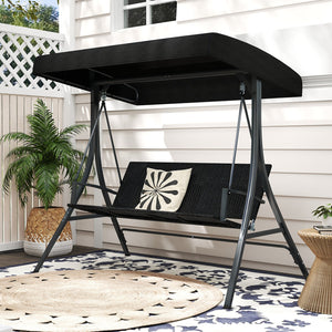 3-Person Porch Swing with Stand Outdoor Canopy Swing with Rattan Seat Back-Black view 5