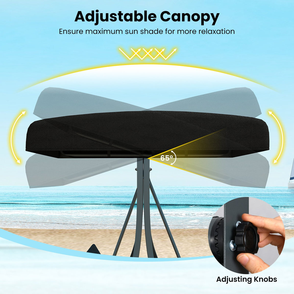 3-Person Porch Swing with Stand Outdoor Canopy Swing with Rattan Seat Back-Black view 6