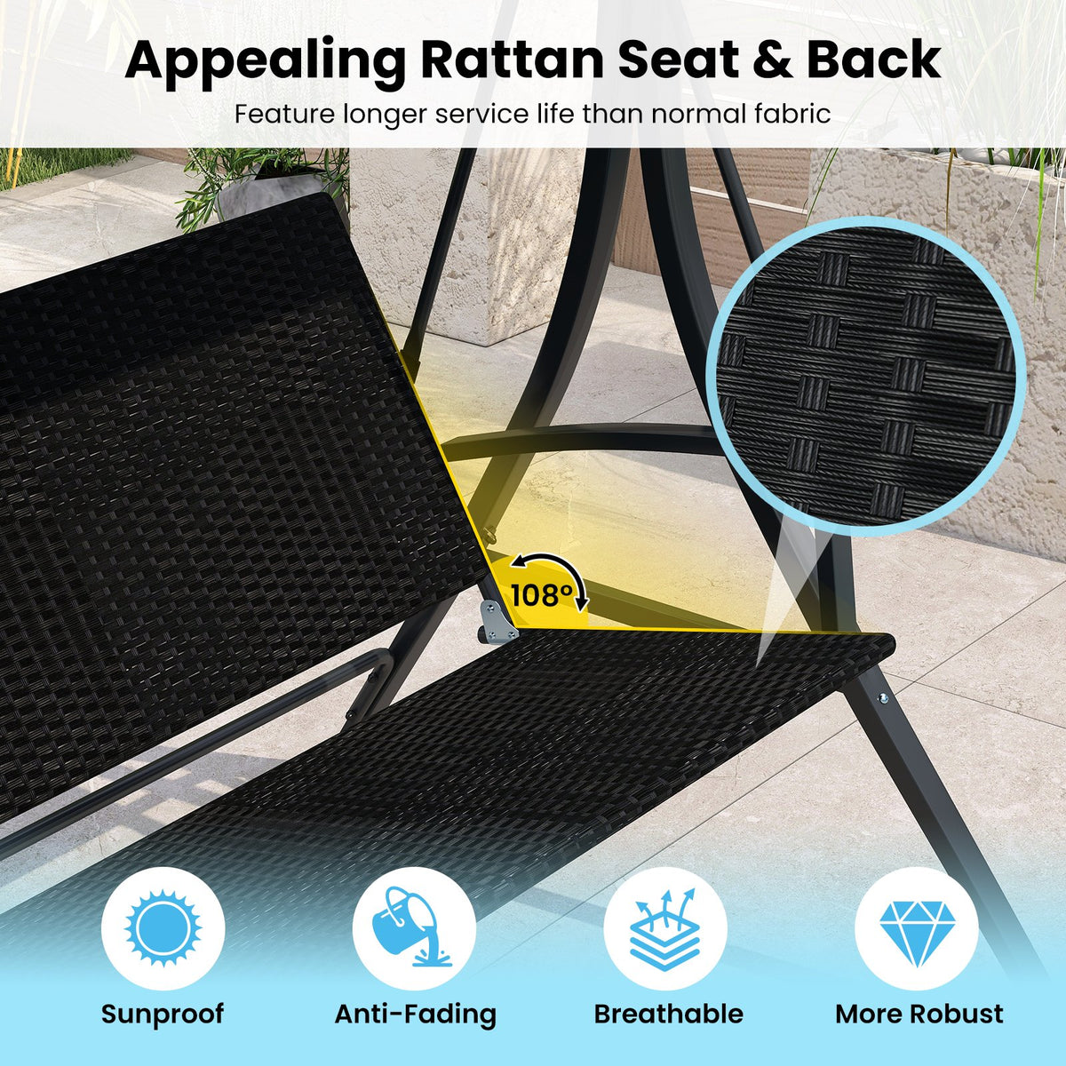 3-Person Porch Swing with Stand Outdoor Canopy Swing with Rattan Seat Back-Black view 7
