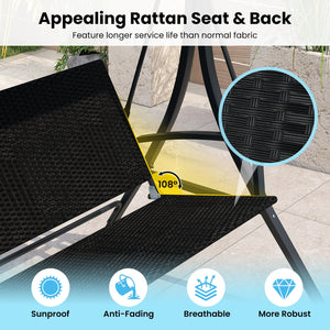 3-Person Porch Swing with Stand Outdoor Canopy Swing with Rattan Seat Back-Black view 7