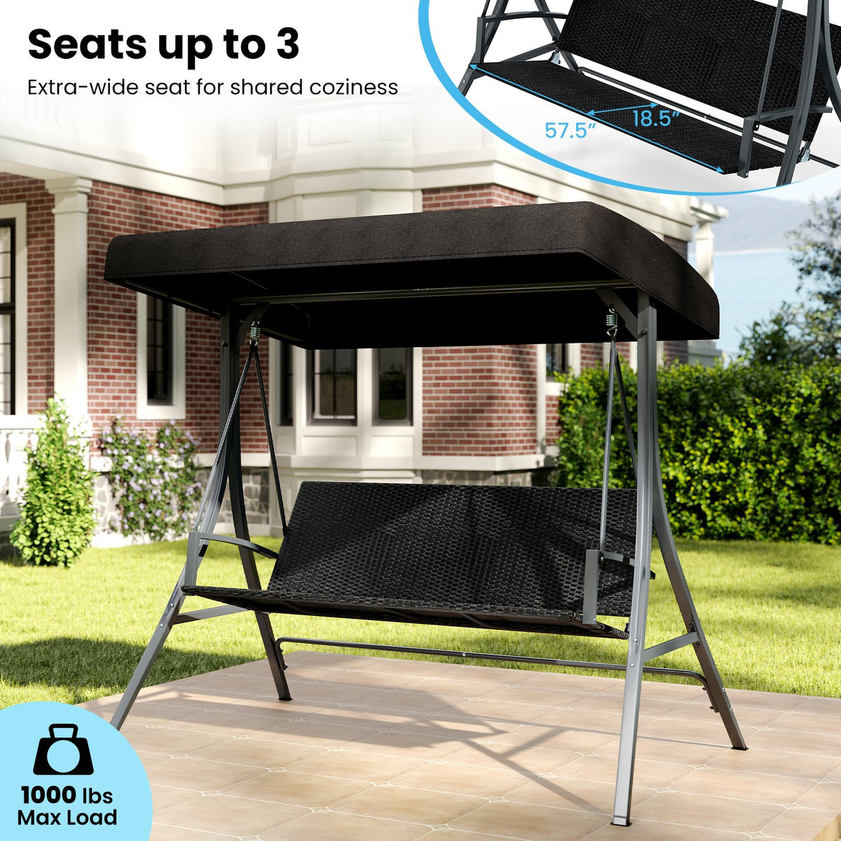 3-Person Porch Swing with Stand Outdoor Canopy Swing with Rattan Seat Back-Black view 8