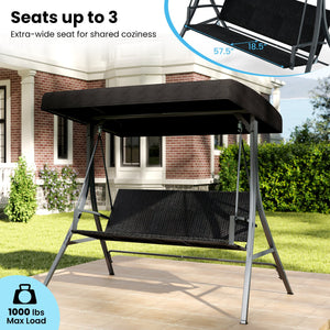3-Person Porch Swing with Stand Outdoor Canopy Swing with Rattan Seat Back-Black view 8