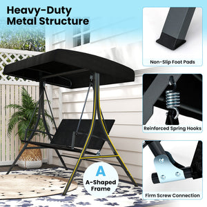 3-Person Porch Swing with Stand Outdoor Canopy Swing with Rattan Seat Back-Black view 9