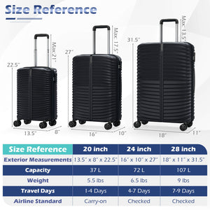 3-Piece 20/24/28 Inch Lightweight Hardside Luggage Set with 8-Spinner Wheels-Black view 4